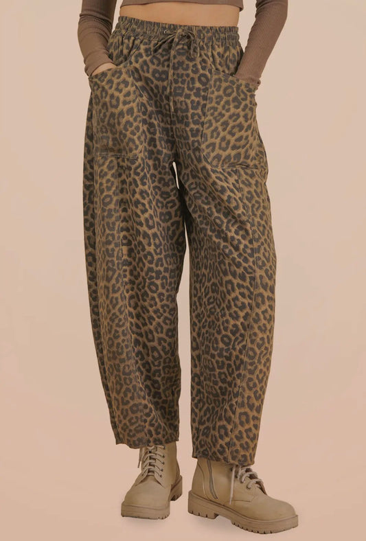 Leopard Casual Barrel Pants - Mocha