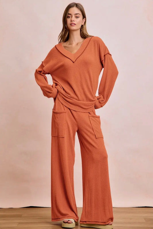 Cord Contrast Ribbed Pants - Orange