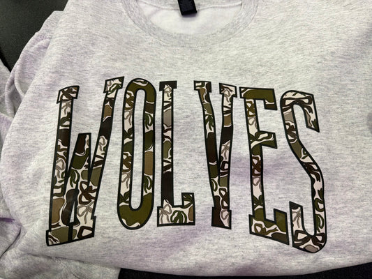 Camo School Mascot Crewneck - Wolves
