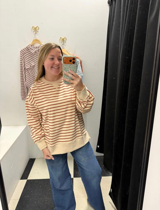 Seein' Stripes Oversized Top - Beige/Brick
