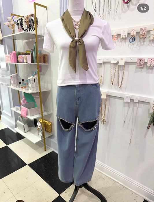 Rhinestone Cutout Jeans