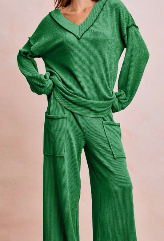 Cord Contrast Ribbed Pants - Green