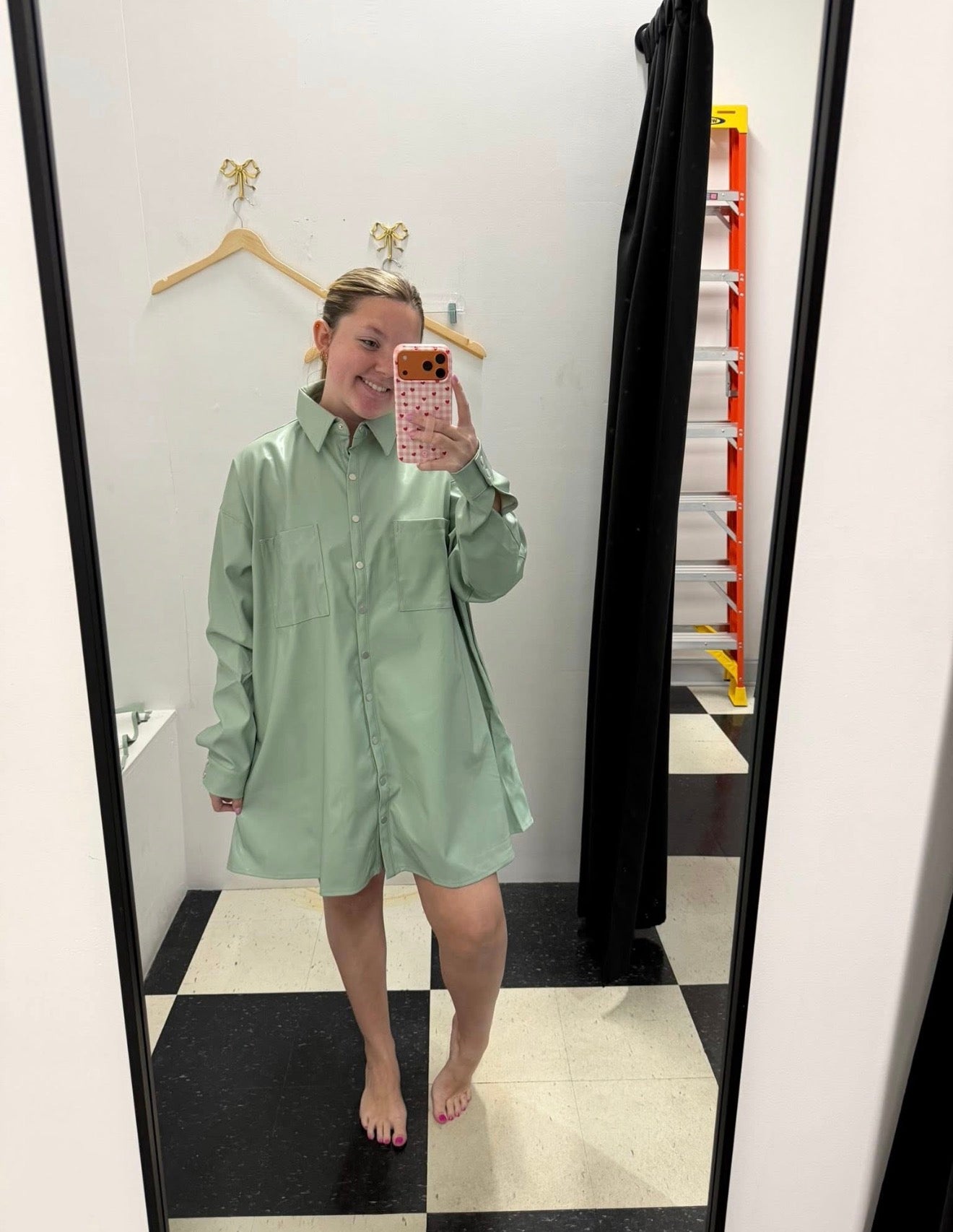 Faux Leather Button Down Dress - Green