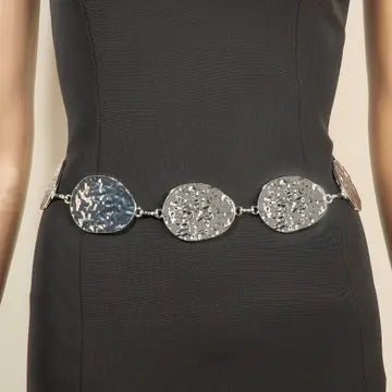 METALLIC HAMMERED OVAL CHAIN BELT - SILVER