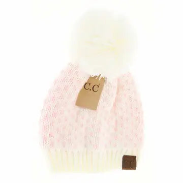 Heart Knit Pom Beanie - Pink
