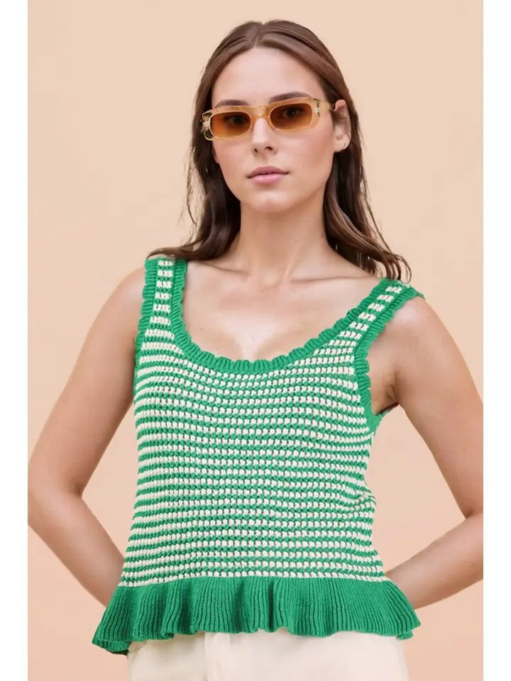 RUFFLE HEM STRIPE TOP - KELLY GREEN