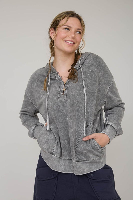 WASHED HOODED HENLEY KNIT SWEATER