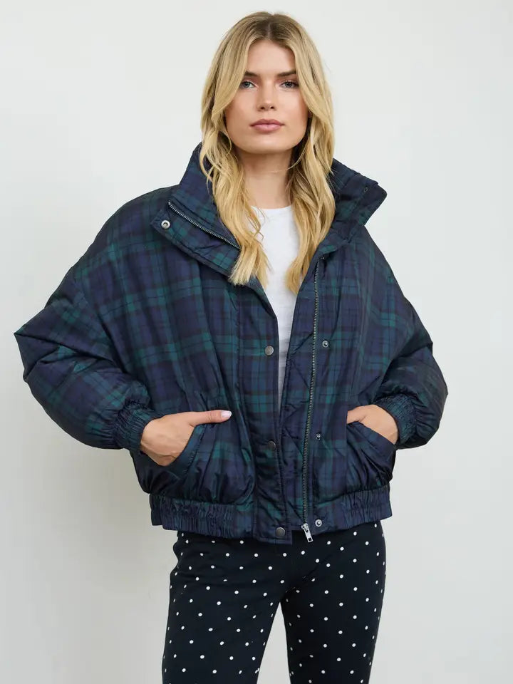 Plaid Mock Neck Puffer Jacket - Hunter Green