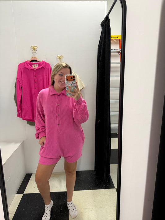 Oversized Ribbed Romper - Pink