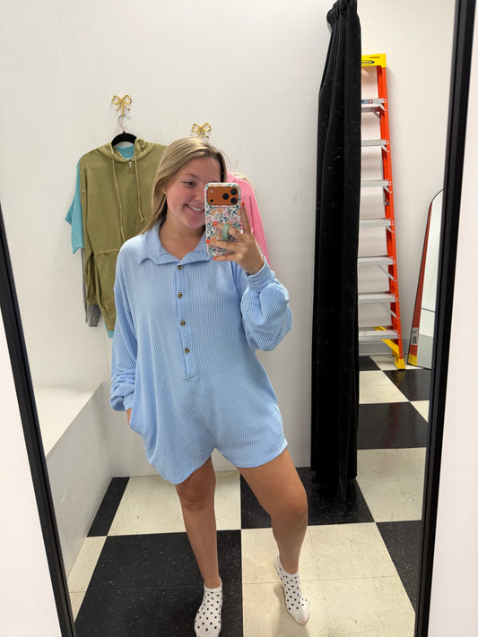 Oversized Collared Knit Romper - Sky Blue