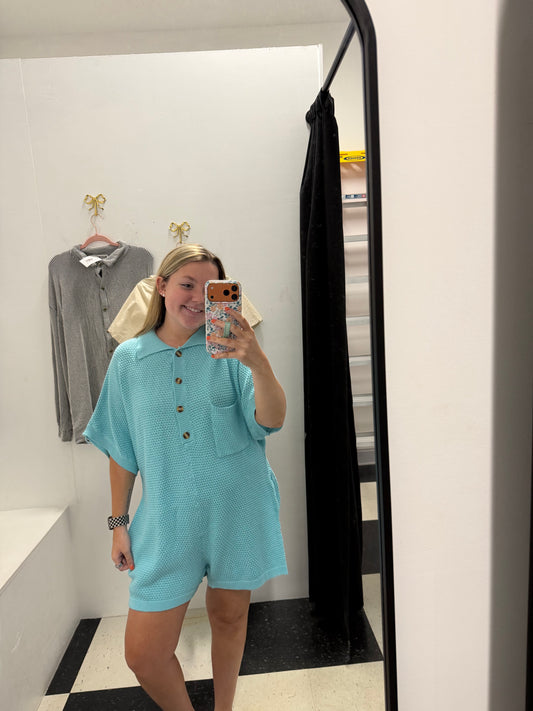 Oversized Solid Textured Romper - Aqua