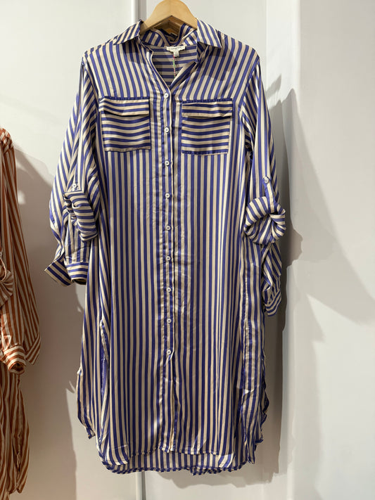 Striped Collared Button Down Midi Dress - Blue