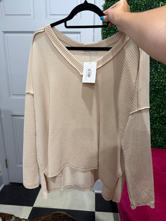 Raised Ribbed Hi - Low V- Neck Long Sleeve Top - Beige