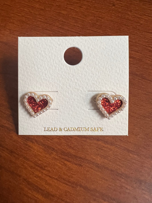 Pearl Trim Glitter Heart Studs