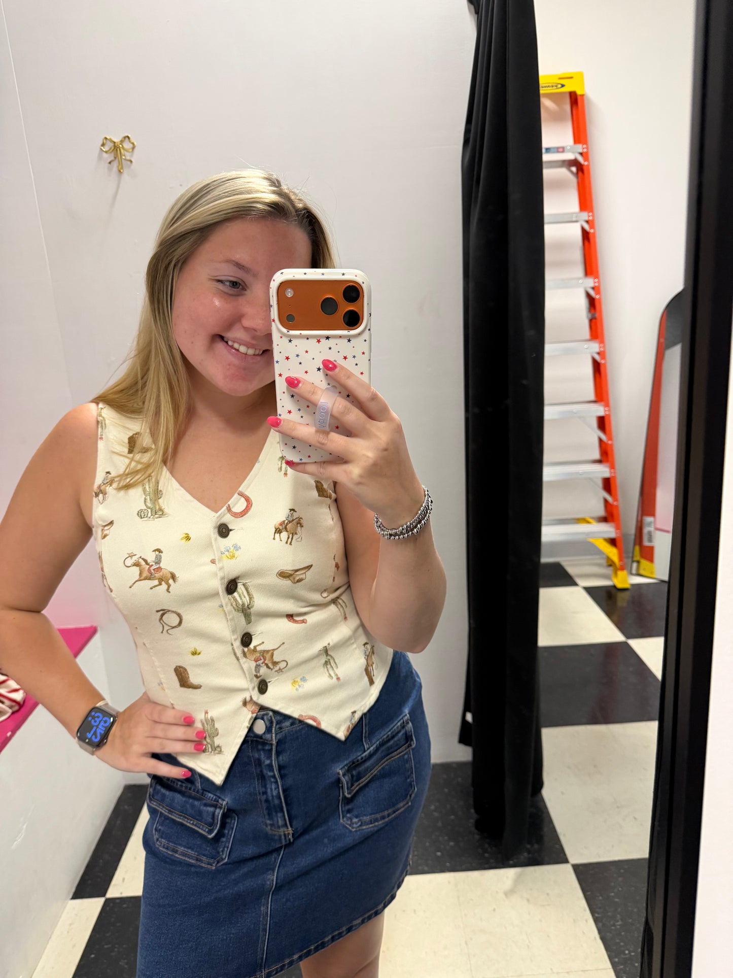 Western Print Button Down Denim Vest