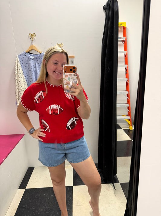 Sequin Football Patch Sweater - Red