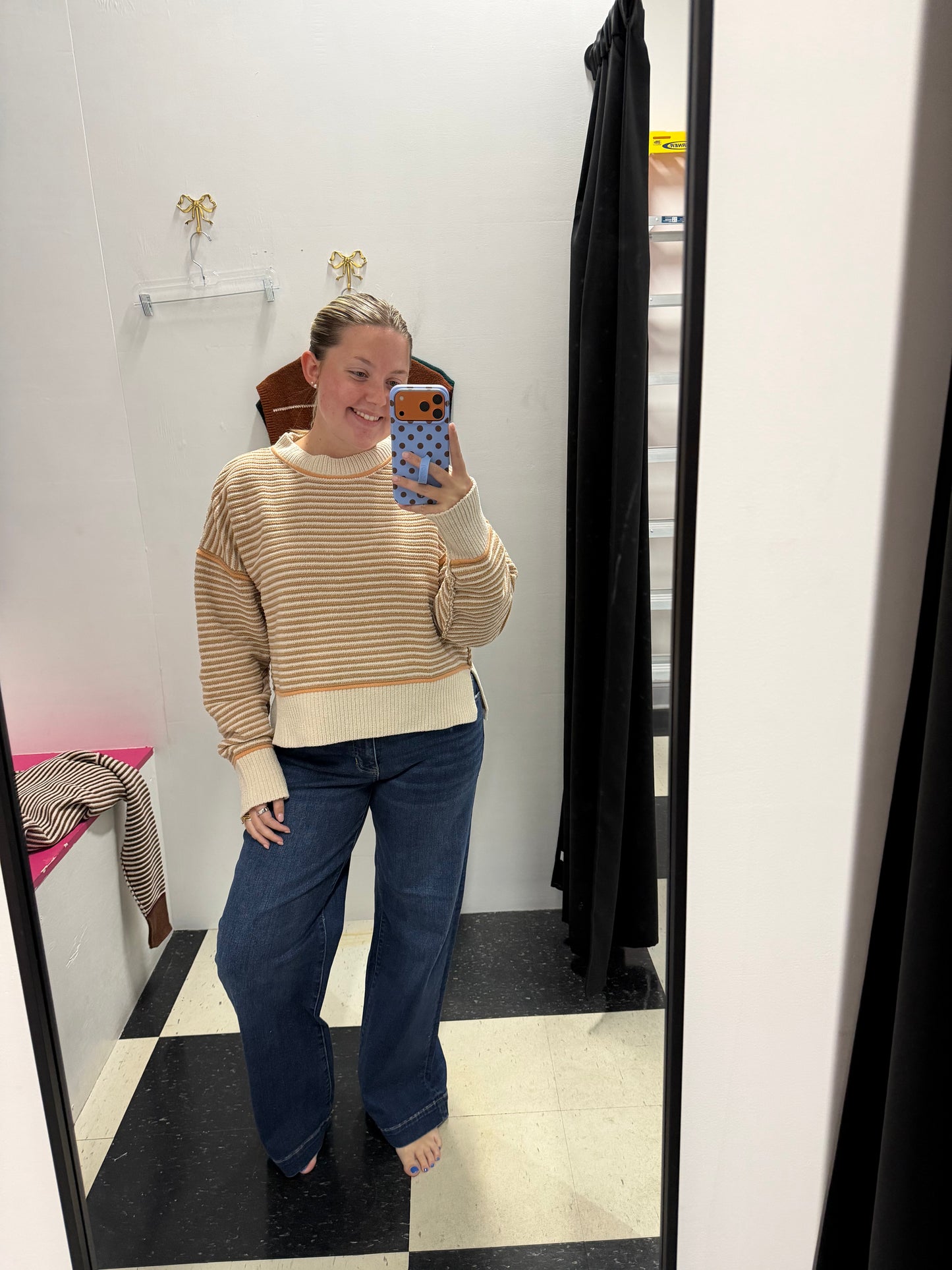 contrast trim stripe knit sweater - taupe