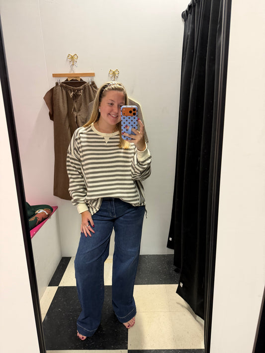 Meg Striped Waffle Top - Gray/Cream