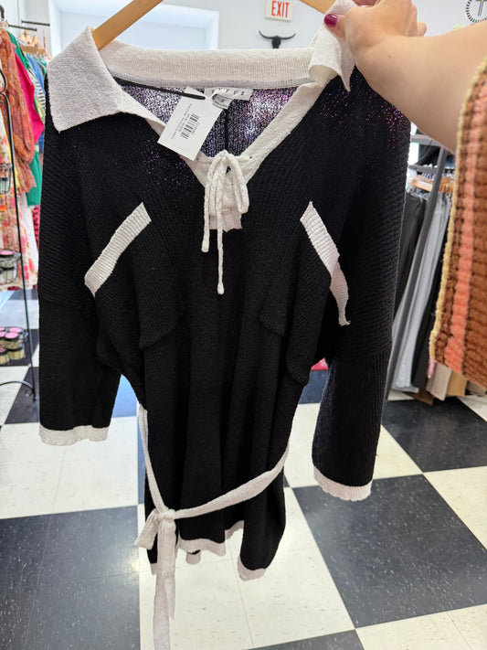 Contrast Tie Knit Romper - Black & White