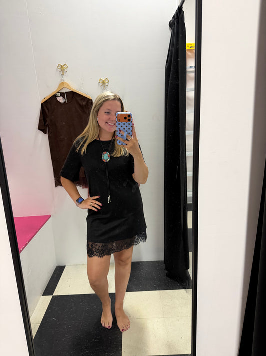 FAUX SUEDE LACE HEM MINI DRESS - BLACK