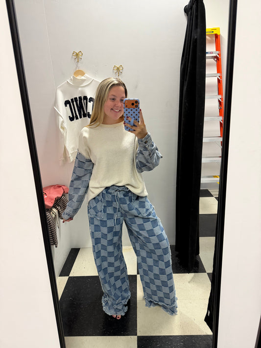 CHECKERED WASHED DENIM WIDE LEG JEANS