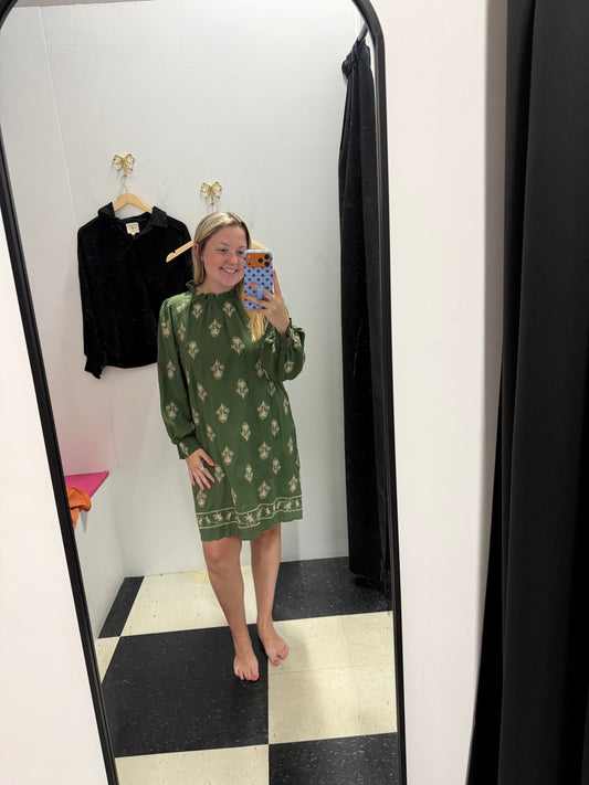 Paisley Embroidered Flower Dress - Pine Tree Green