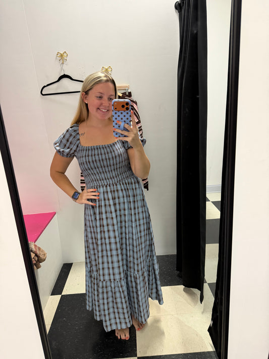 PLAID SMOCKED PUFF MIDI DRESS