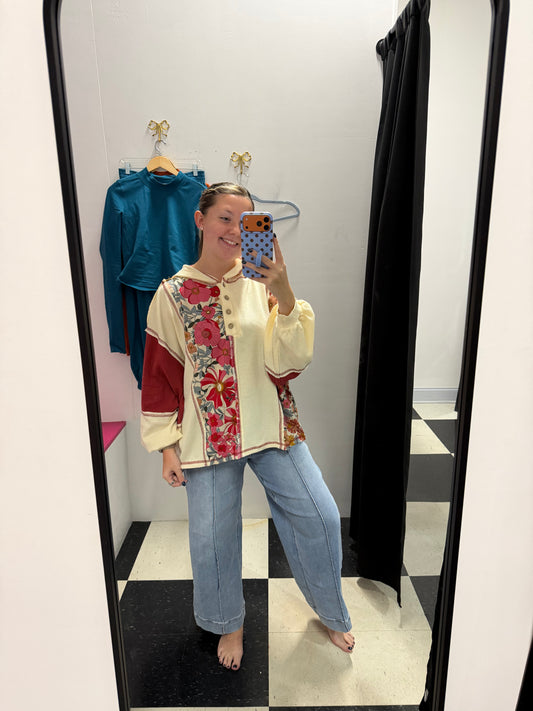 knit and print mixed hoodie top