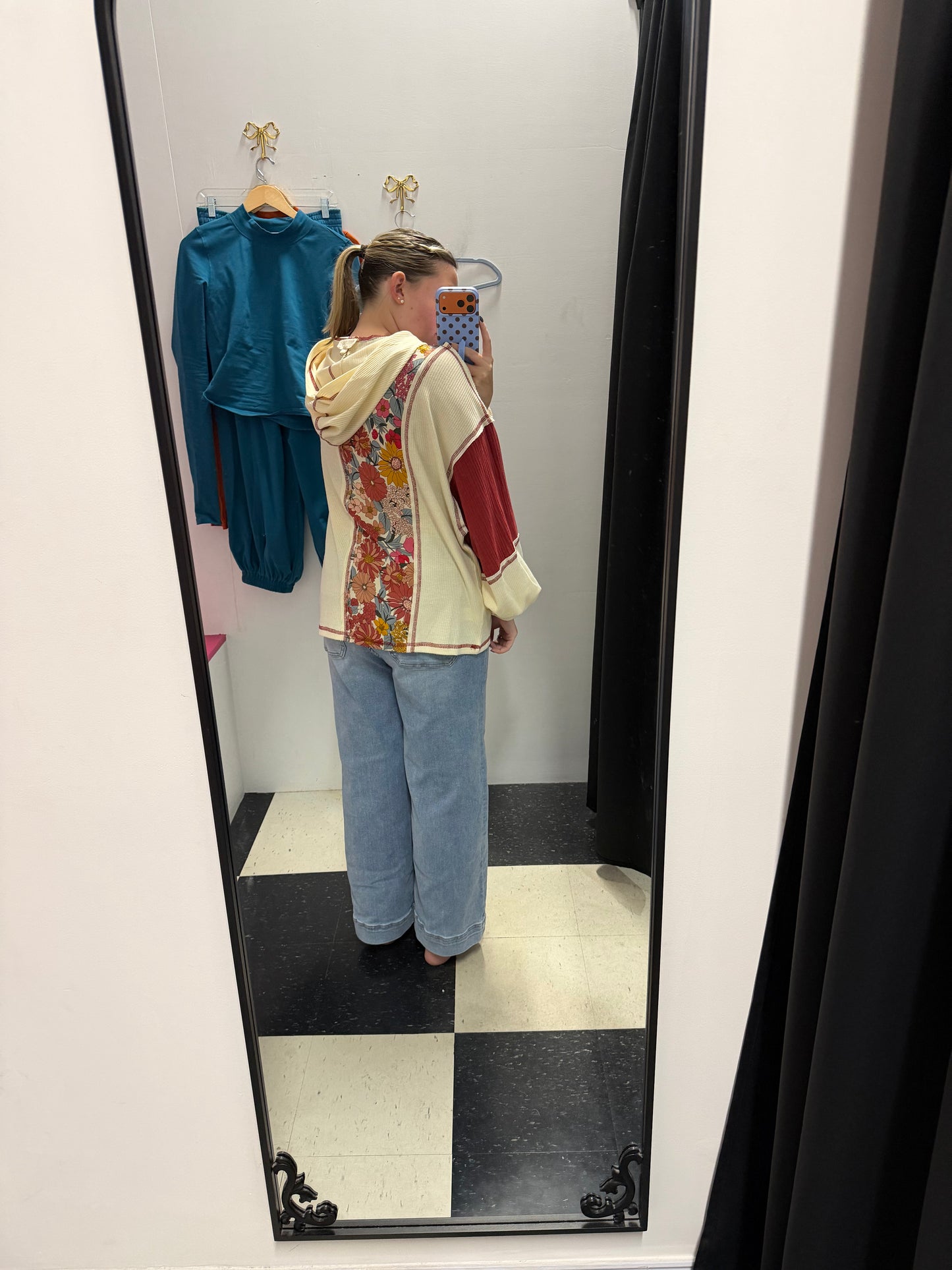 knit and print mixed hoodie top