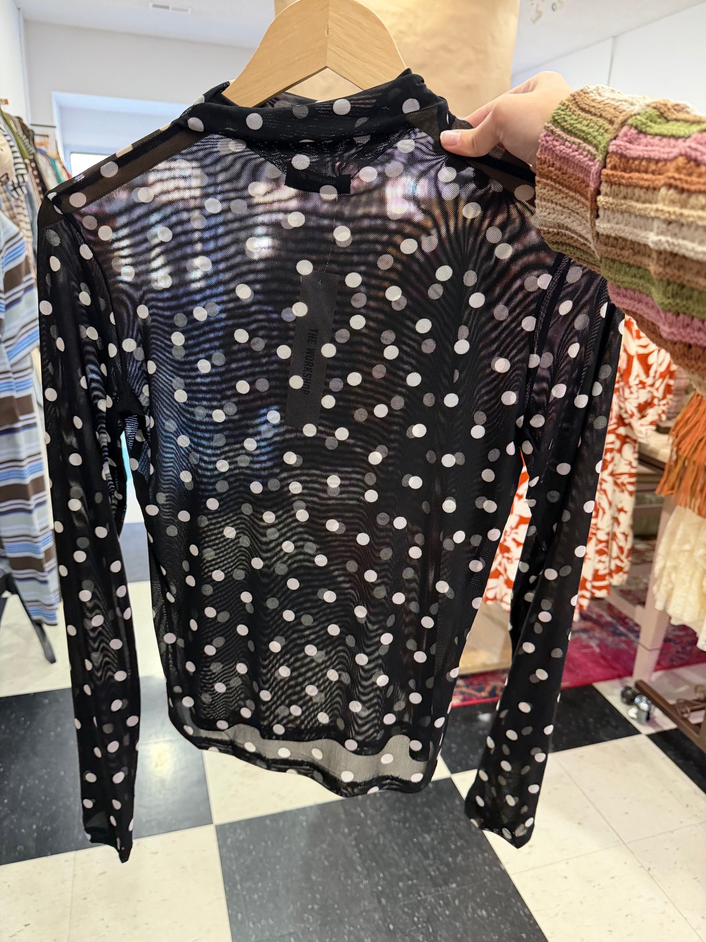 Polka Dot Mesh Long Sleeve Top - Black