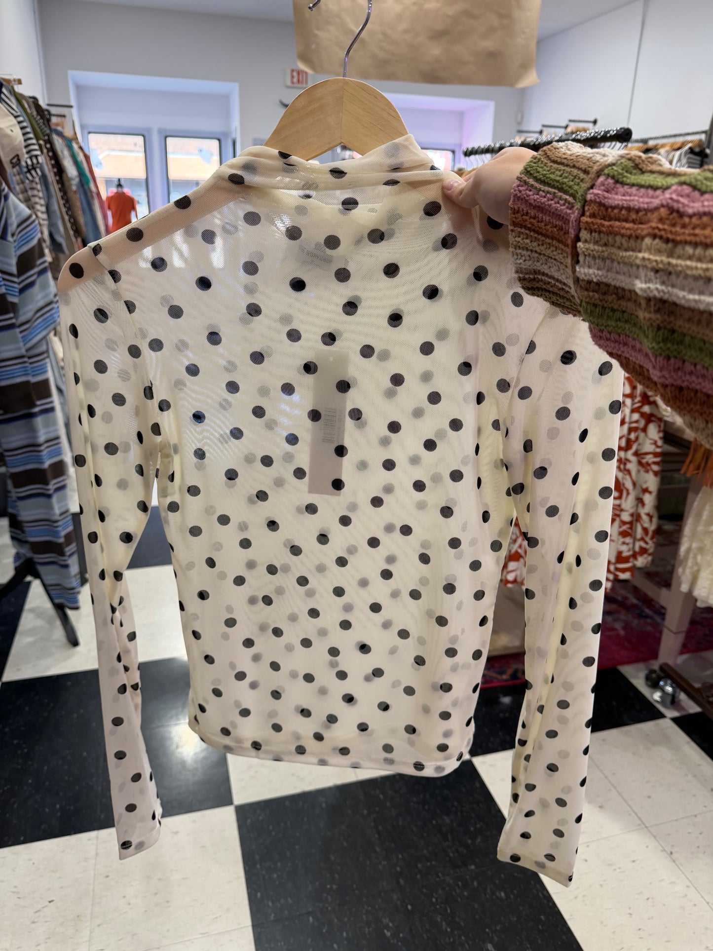 Polka Dot Mesh Long Sleeve Top - Off White
