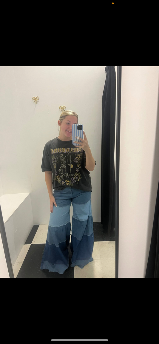 Ruffle Layered Denim Wide Leg Pants