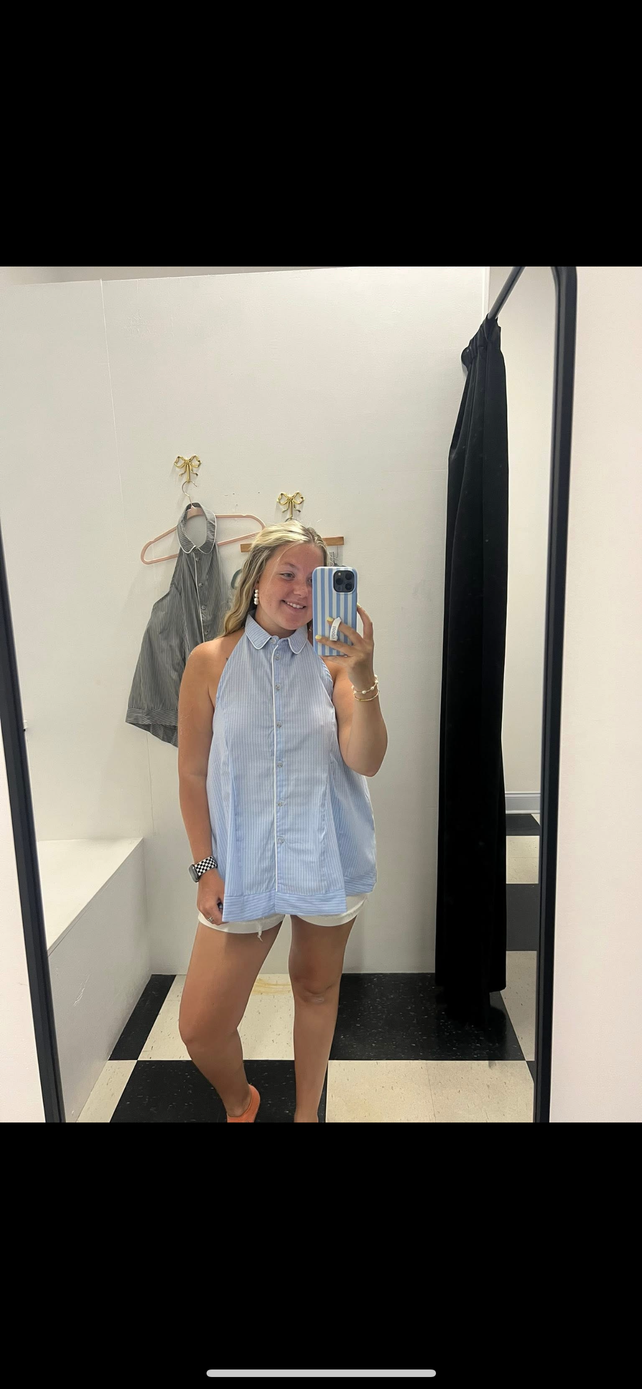 Striped Halter Neck Button Top