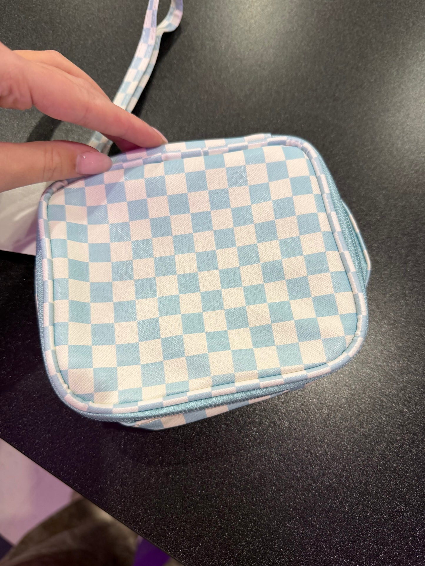 Checkered Cosmetic Travel Bag - Blue