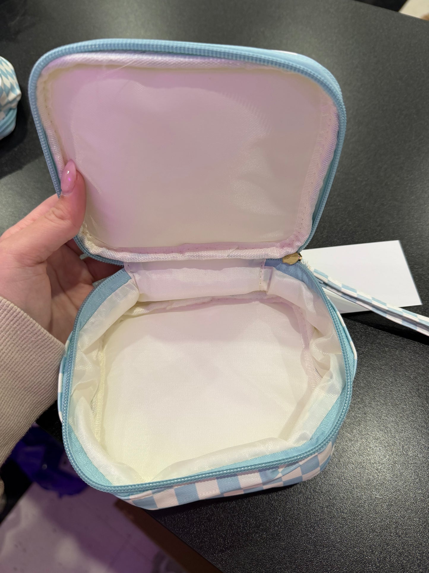 Checkered Cosmetic Travel Bag - Blue