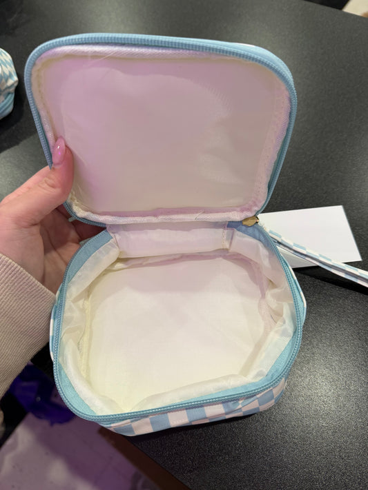 Checkered Cosmetic Travel Bag - Blue