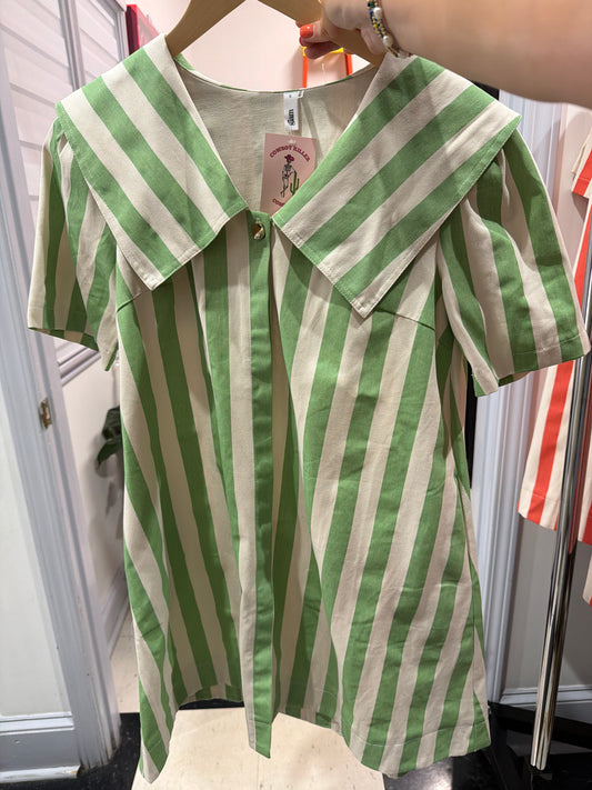OVERSIZED COLLAR STRIPED DRESS - GREEN