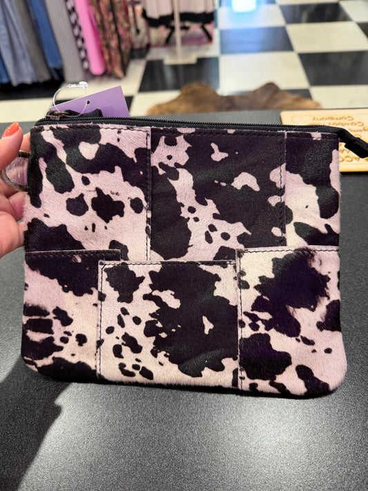 Leather Cowhide Calf Fur Patchwork Wristlet - Black
