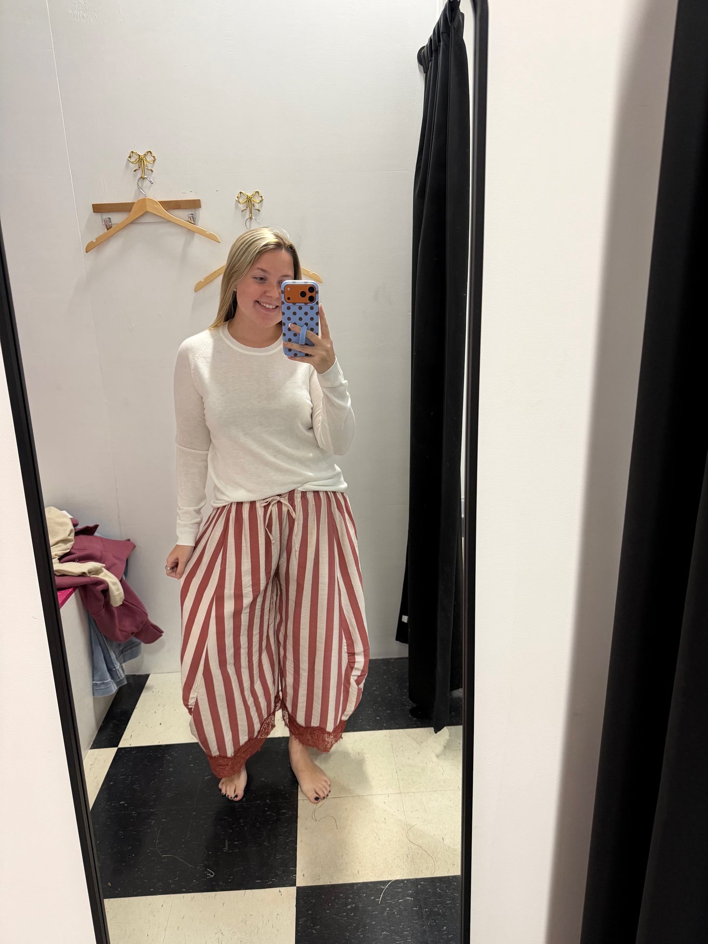 Wine Stripe Lace Hem Pants