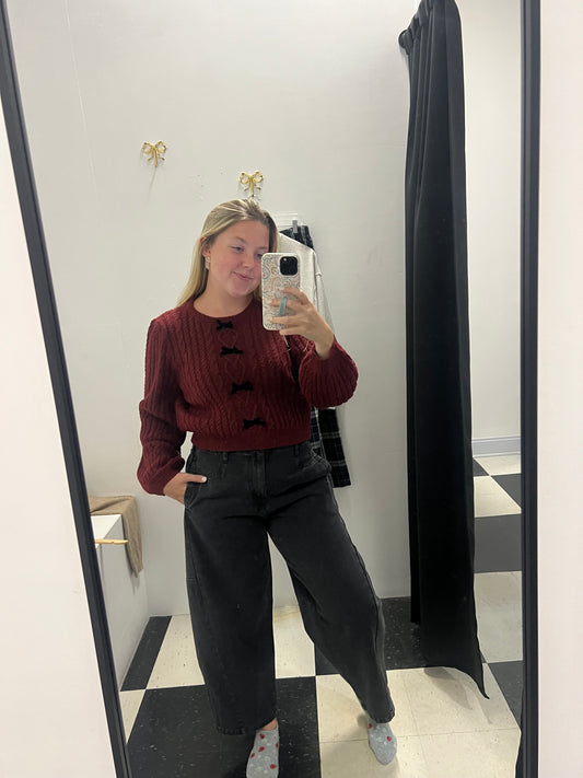 CABLE KNIT FRONT VELVET BOW TOP