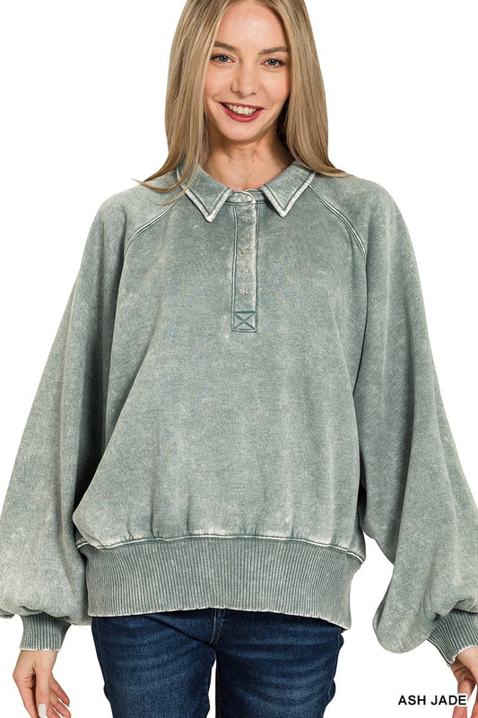 ACID WASH BUTTON UP COLLARED PULLOVER - ASH JADE