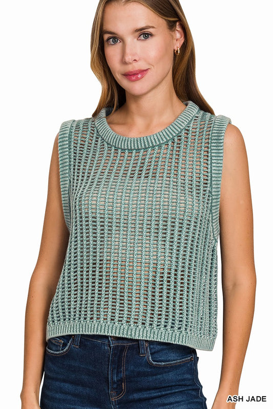 ACID WASHED FISHNET SWEATER TOP