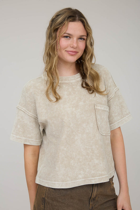 WASHED RIBBED SHORT SLEEVE TOP