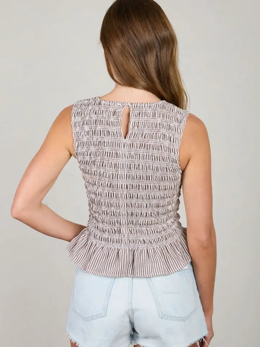 STRIPE SLEEVELESS SMOCKED BLOUSE