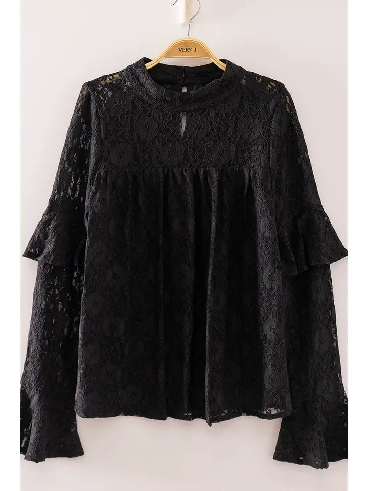 LACE BABYDOLL MOCKNECK TOP - BLACK