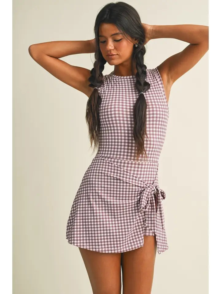 GINGHAM PRINT WRAP FRONT TIE DRESS - MAUVE