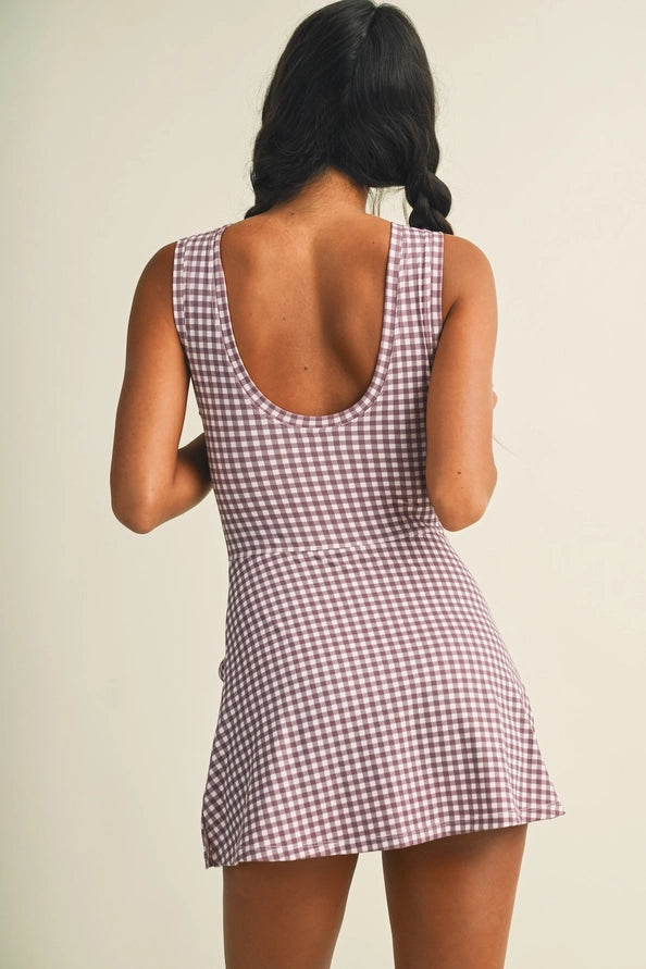 GINGHAM PRINT WRAP FRONT TIE DRESS - MAUVE
