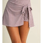 GINGHAM PRINT WRAP FRONT TIE DRESS - MAUVE