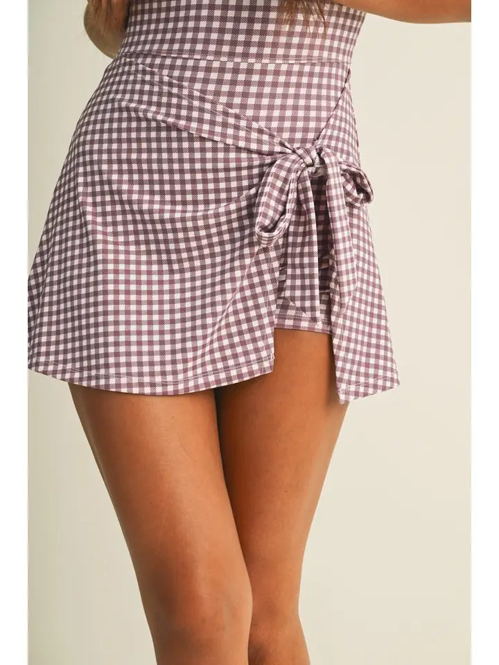 GINGHAM PRINT WRAP FRONT TIE DRESS - MAUVE