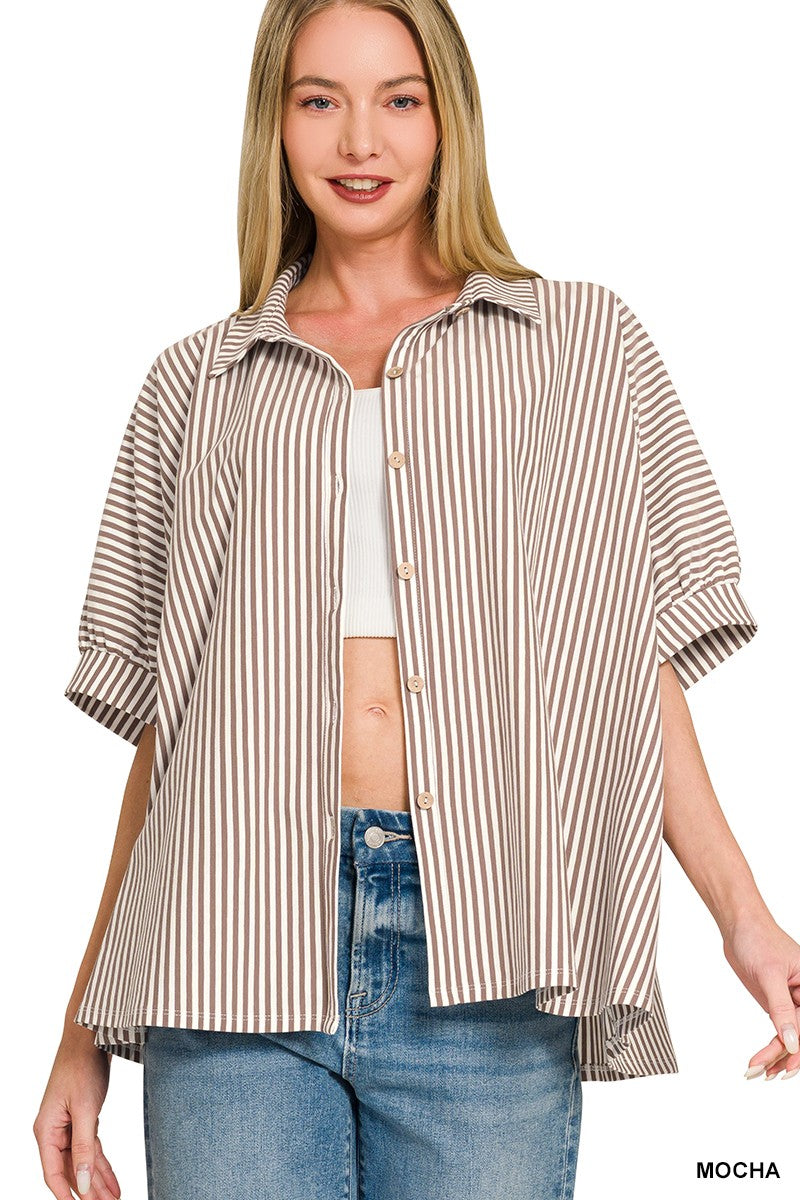 OVERSIZE STRIPED BUTTON DOWN TOP - MOCHA